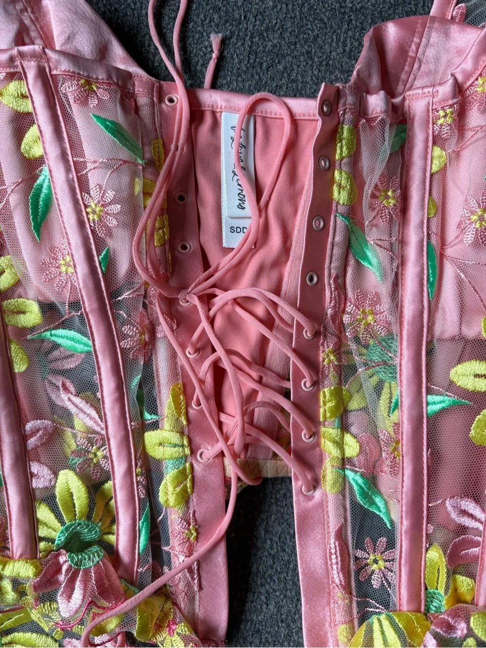 Brand New For Love And Lemons Pink Floral Lace-Up Bustier & Thong Set